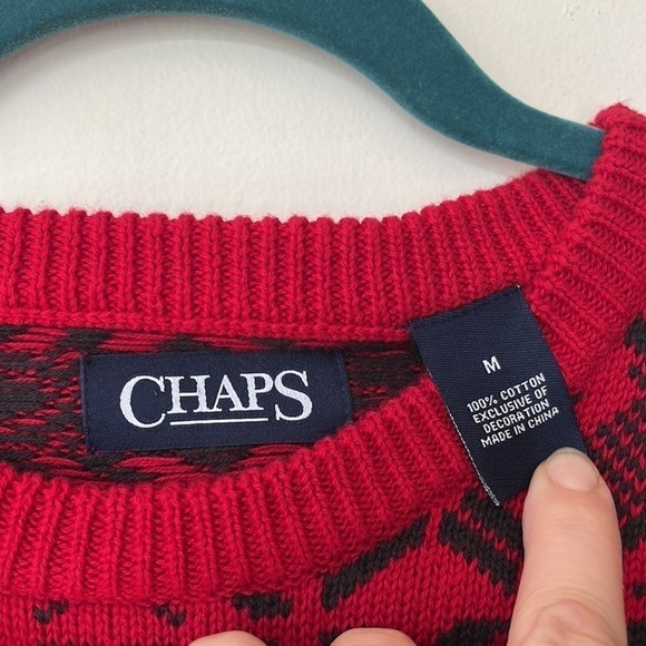 Chaps Red/Black Nordic Snowflake Print 100% Cotton Crew Neck Mens Sweater - Picture 3 of 6